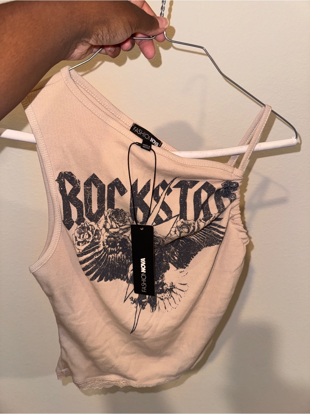Fashion Nova Beige Graphic 'Rockstar' Cropped Tank